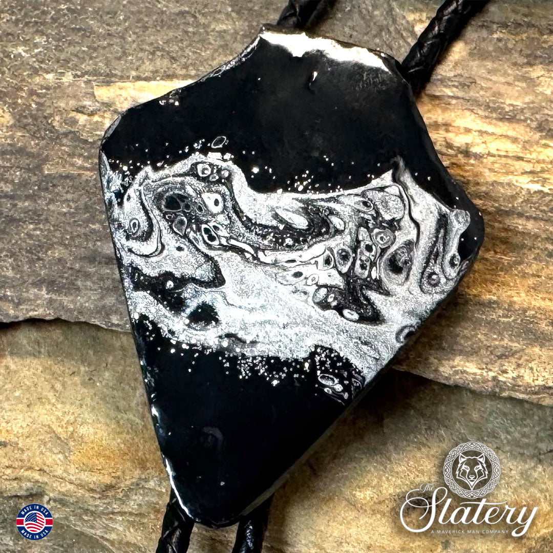 Black and silver arrowhead bolo tie made from slate