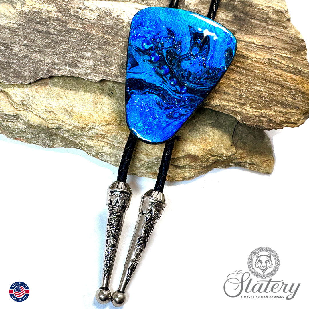 Black and blue bolo tie made from slate with bling