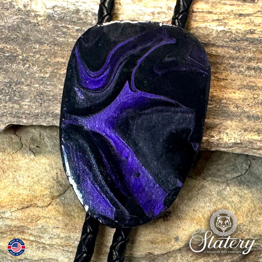 Medium sized purple and black bolo tie made from slate