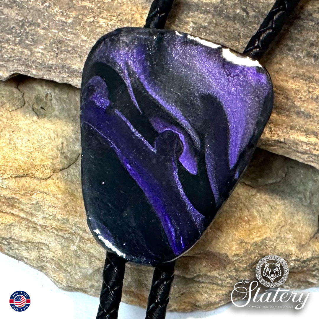 Small purple and black bolo tie made from slate