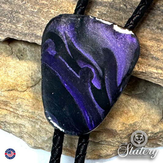 Small purple and black bolo tie made from slate