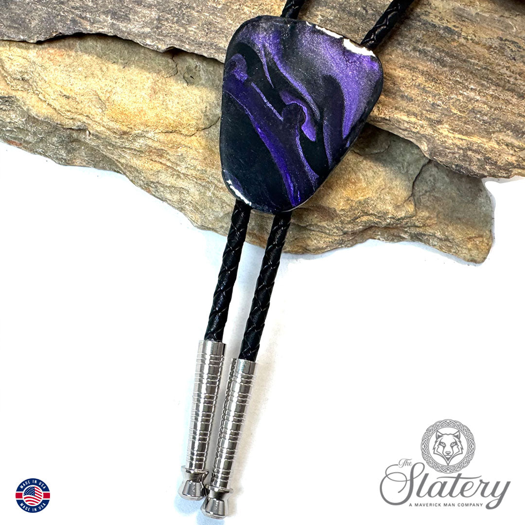 Small purple and black bolo tie made from slate