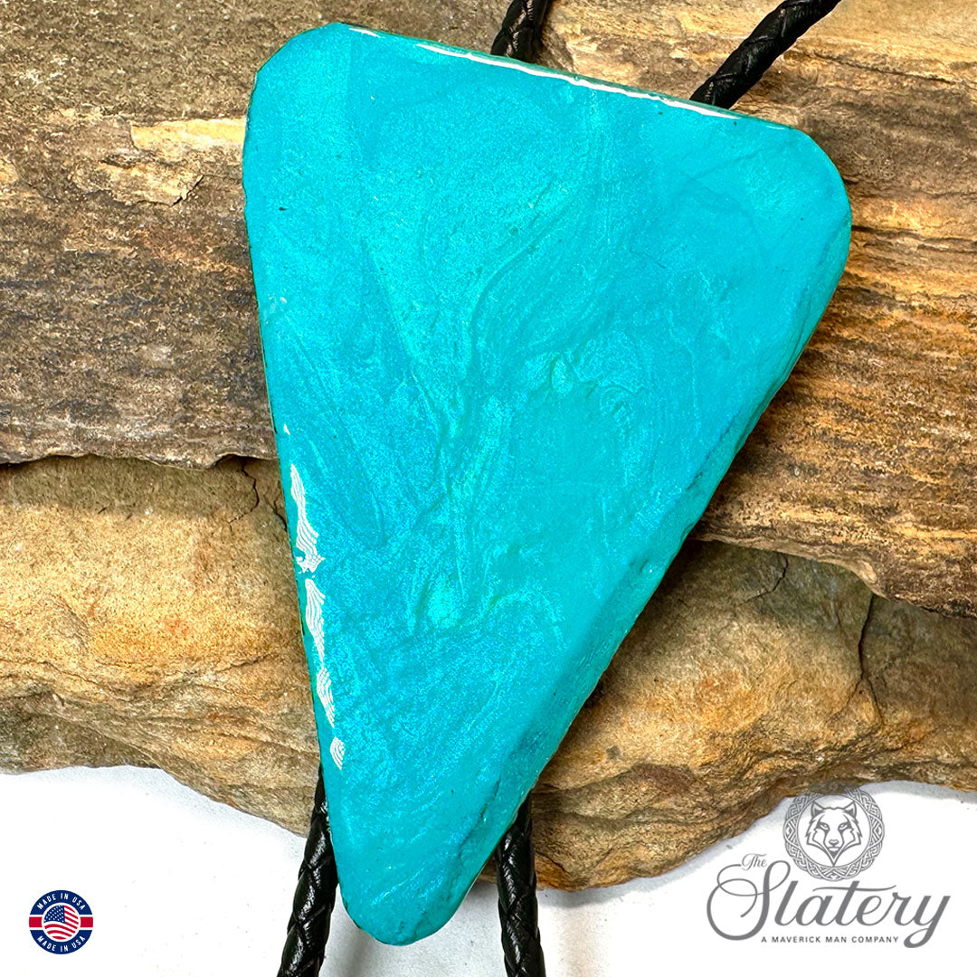Large metallic turquoise arrowhead shaped bolo tie