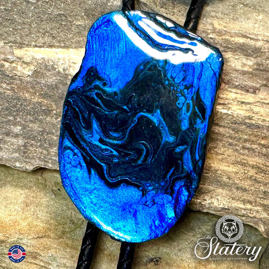 Large slate bolo tie in electric blue and black with glitter