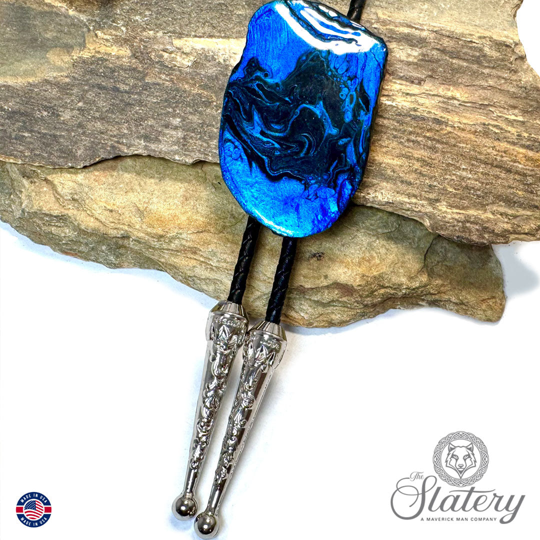 Large slate bolo tie in electric blue and black with glitter