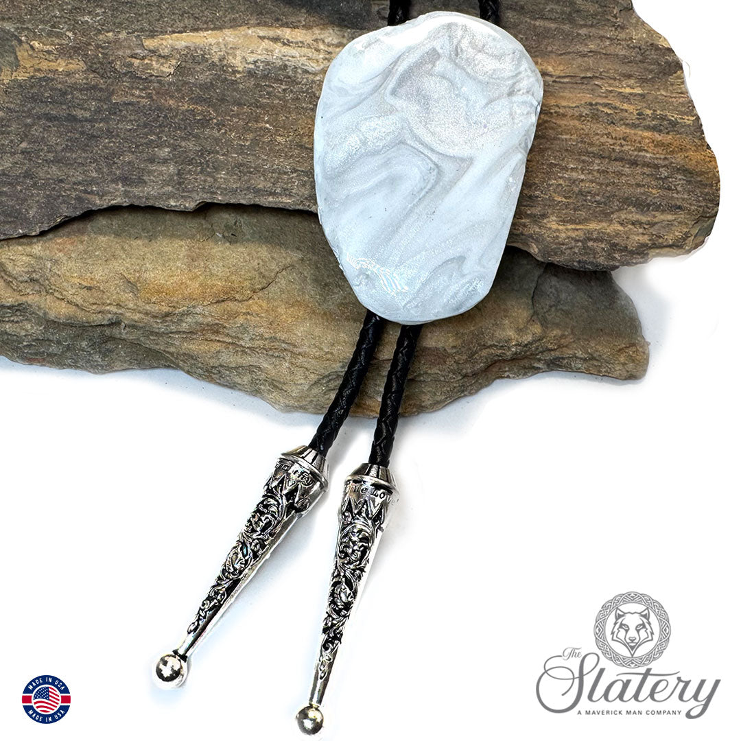 Silver and white bolo tie and buckle set with sparkle