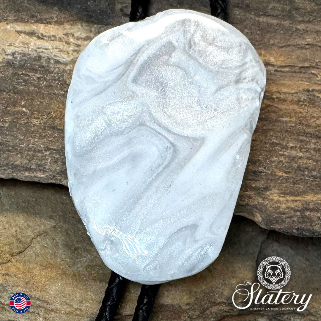 Silver and white bolo tie and buckle set with sparkle