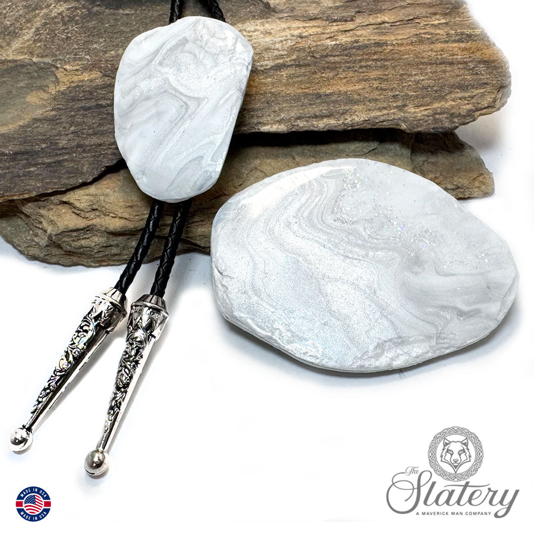 Silver and white bolo tie and buckle set with sparkle