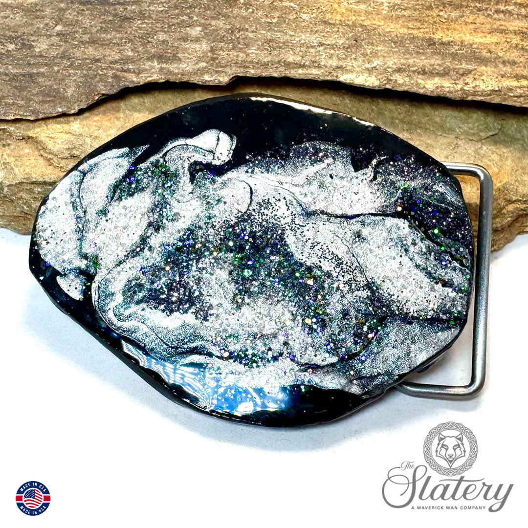 Black and silver bolo tie and buckle set with sparkle