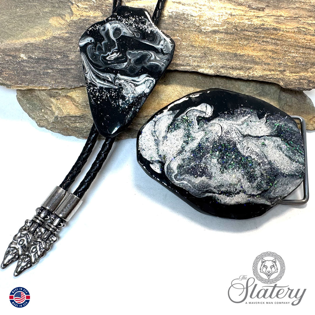 Black and silver bolo tie and buckle set with sparkle