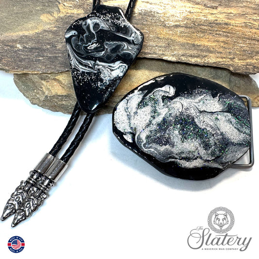 Black and silver bolo tie and buckle set with sparkle