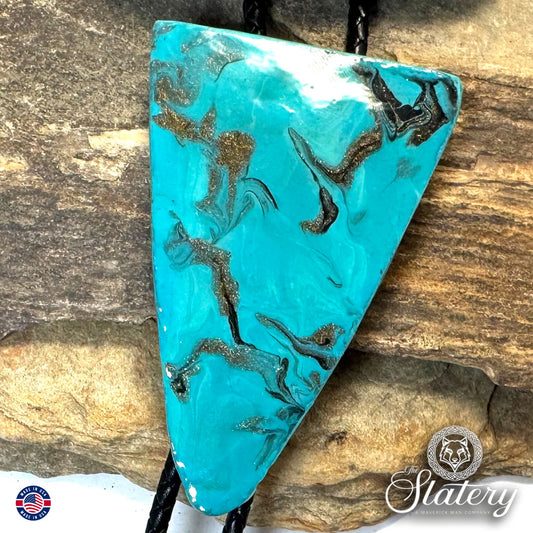 Hand painted turquoise bolo tie and buckle set made from slate