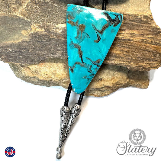 Hand painted turquoise bolo tie and buckle set made from slate