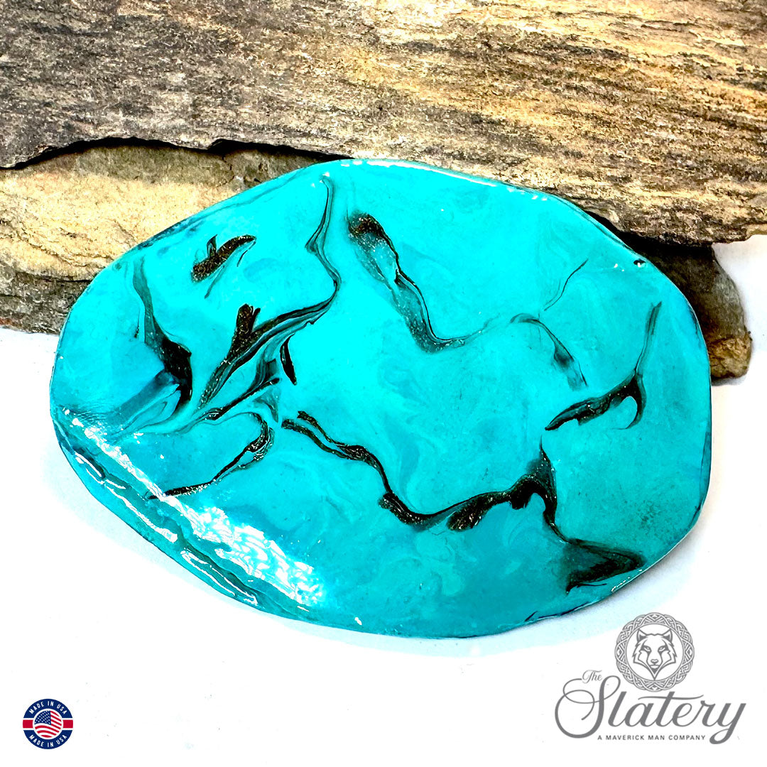 Hand painted turquoise bolo tie and buckle set made from slate