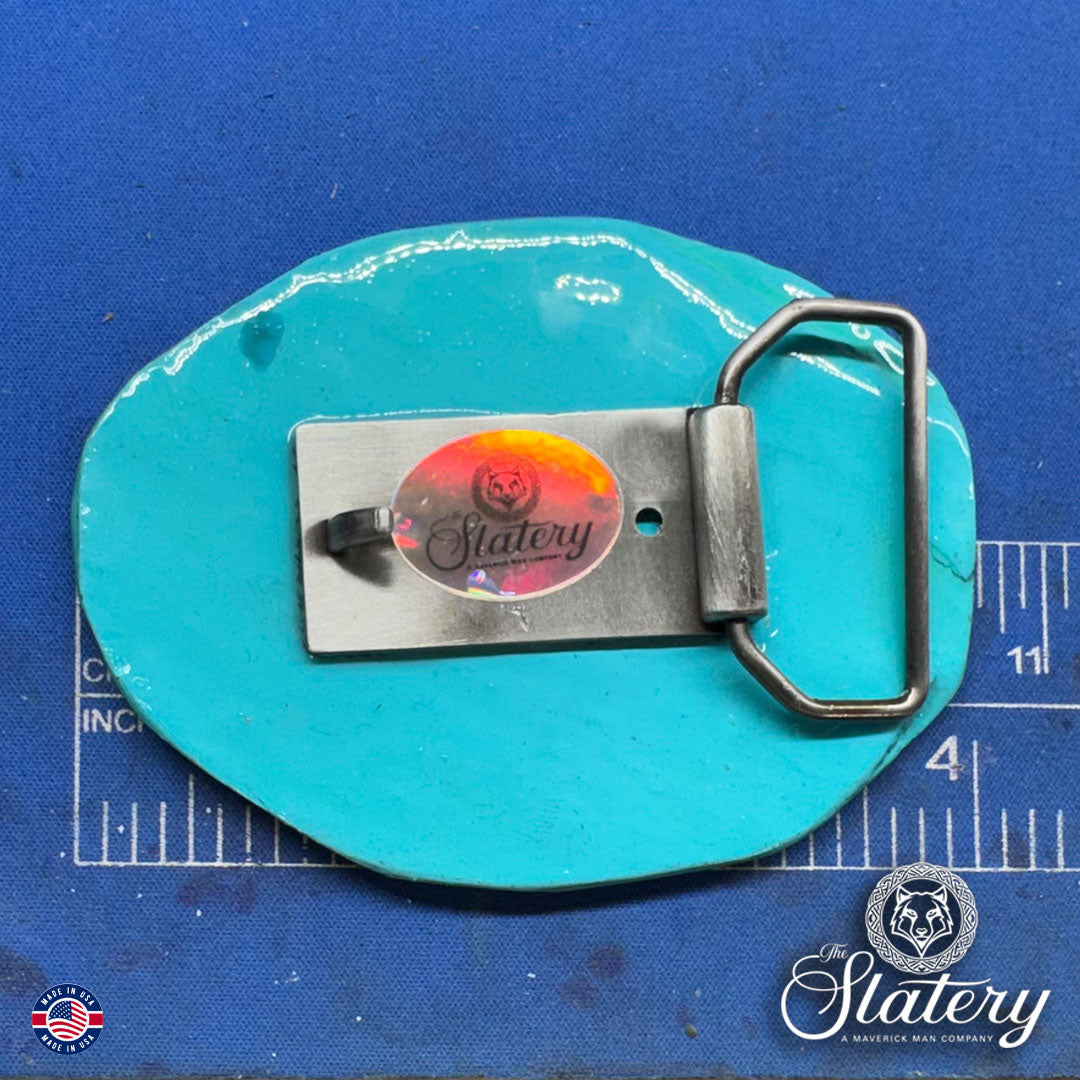 Hand painted turquoise bolo tie and buckle set made from slate