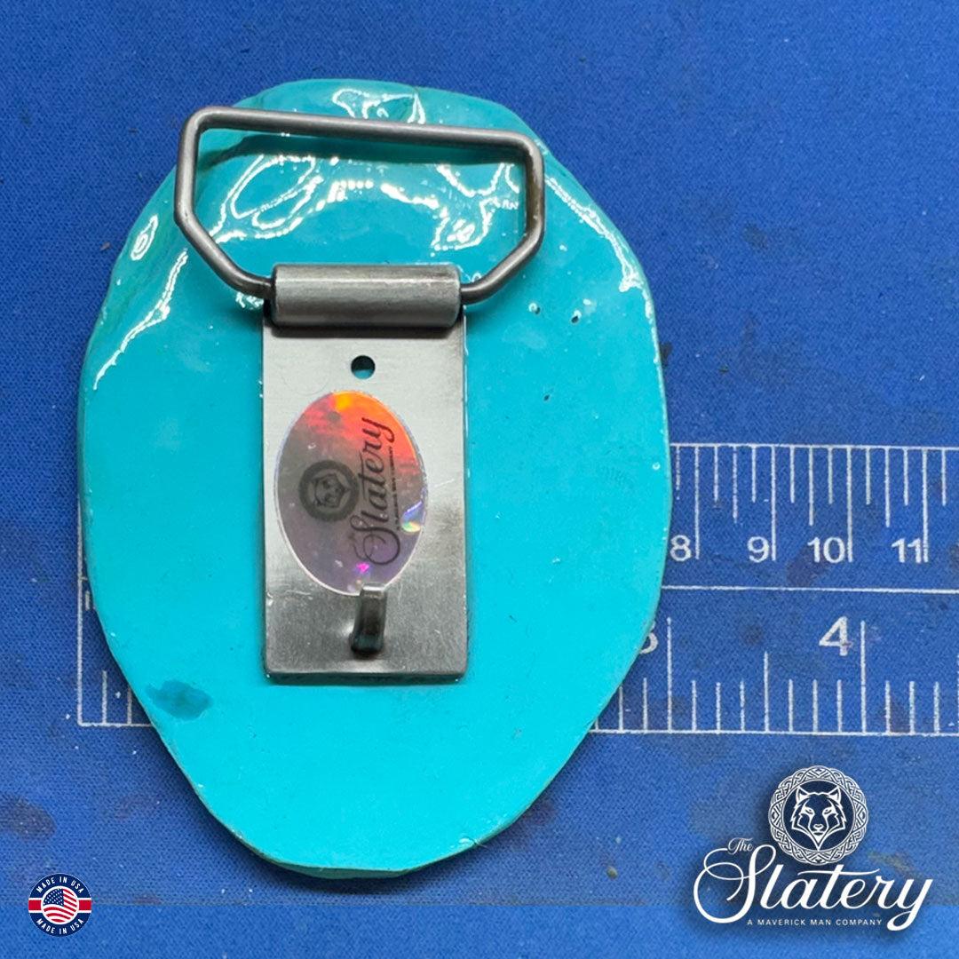 Hand painted turquoise bolo tie and buckle set made from slate