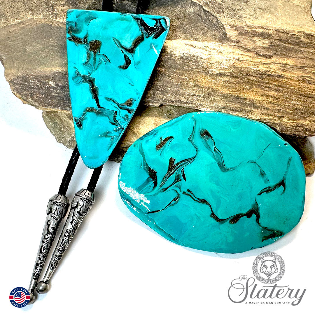 Hand painted turquoise bolo tie and buckle set made from slate