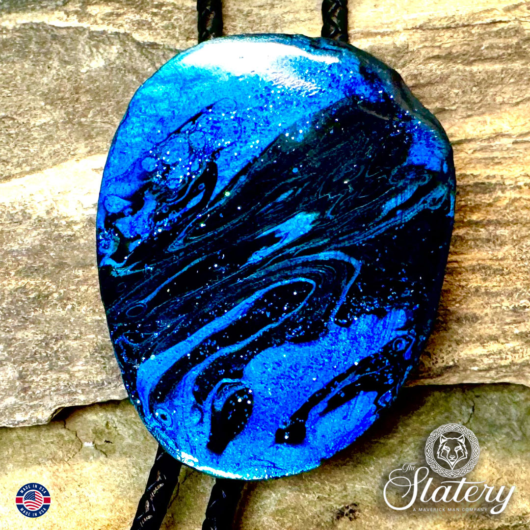 Black and blue bolo tie and buckle set with sparkle