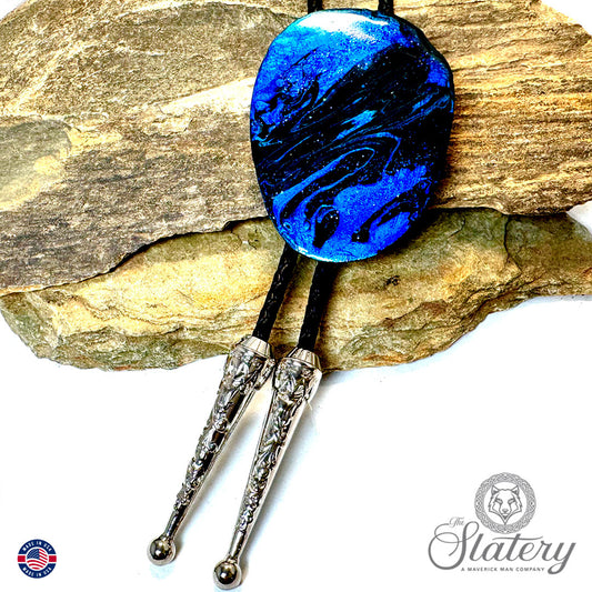Black and blue bolo tie and buckle set with sparkle