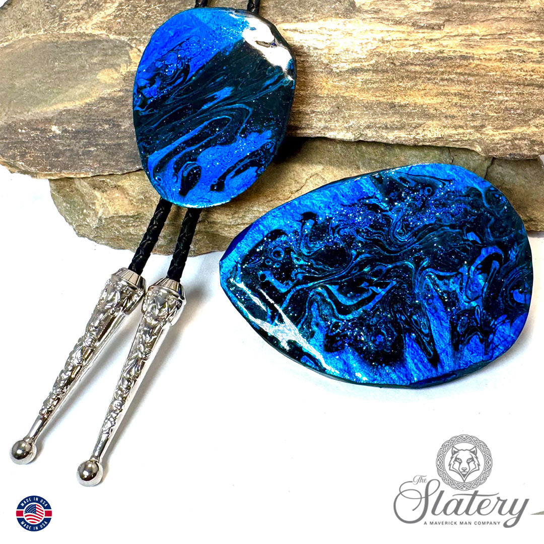 Black and blue bolo tie and buckle set with sparkle