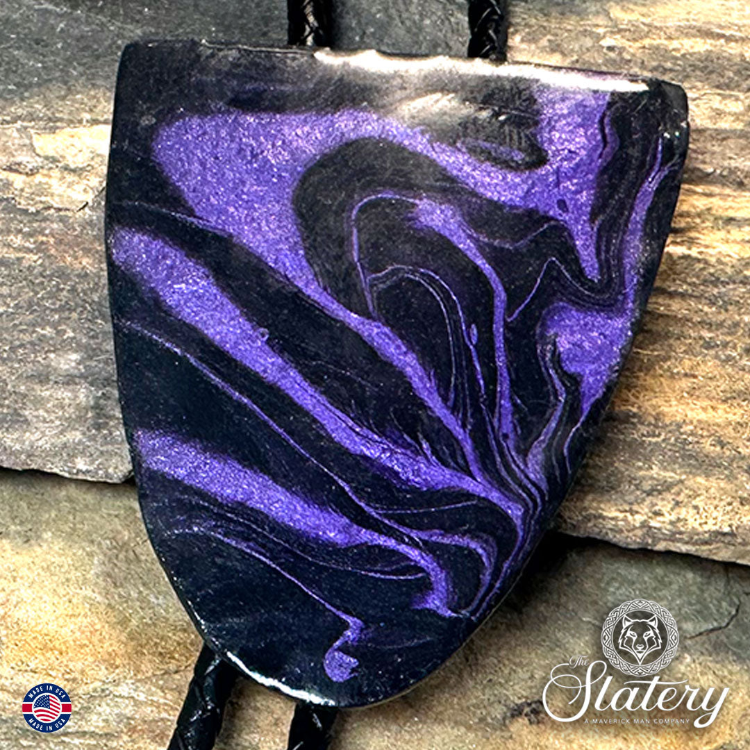 Black and purple bolo tie and buckle set made from slate