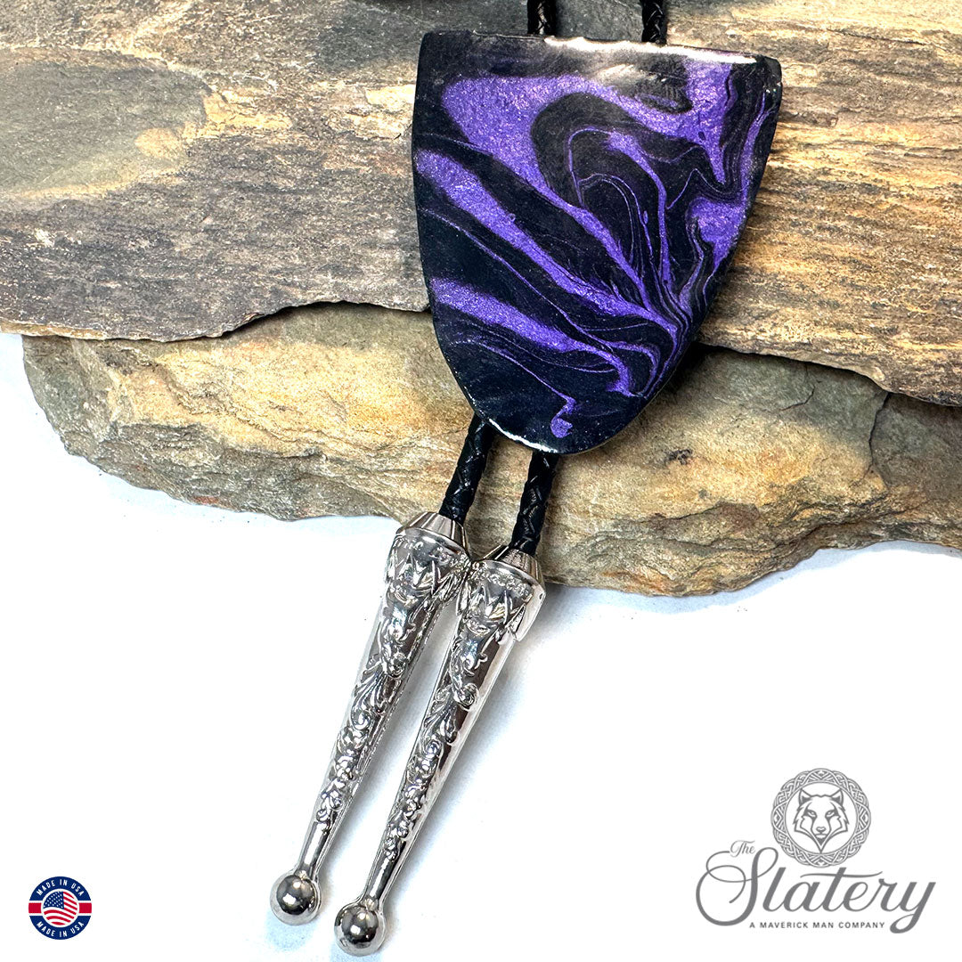 Black and purple bolo tie and buckle set made from slate