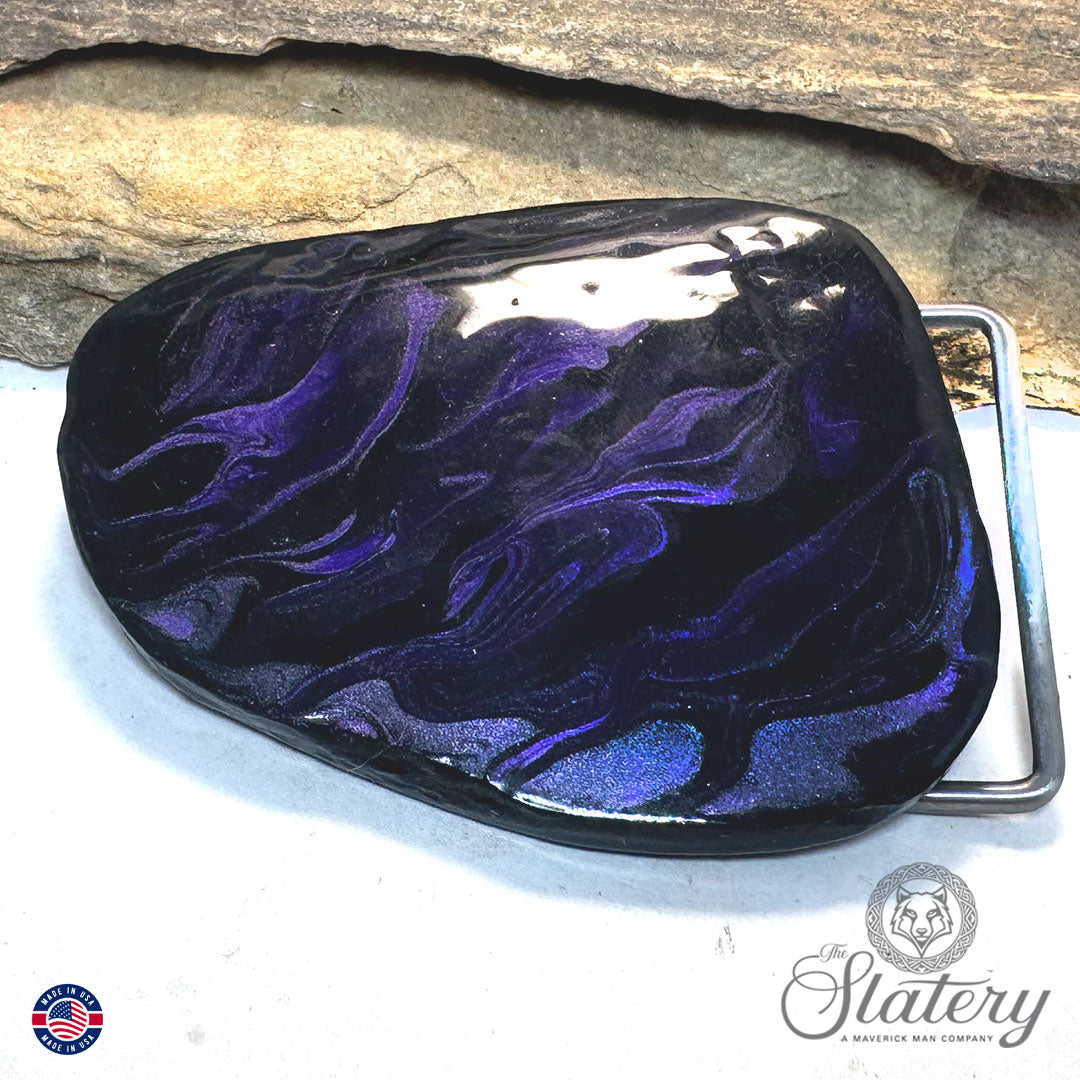 Black and purple bolo tie and buckle set made from slate
