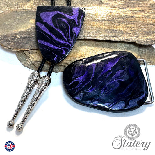 Black and purple bolo tie and buckle set made from slate