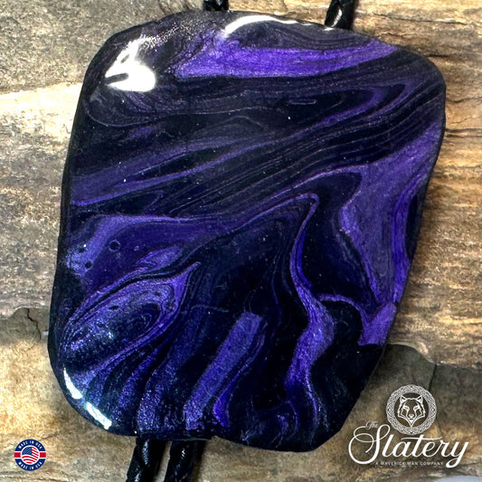 Black and purple bolo tie and buckle set made from slate