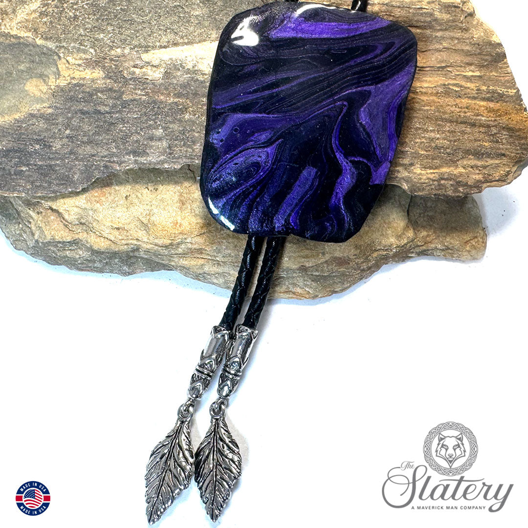 Black and purple bolo tie and buckle set made from slate