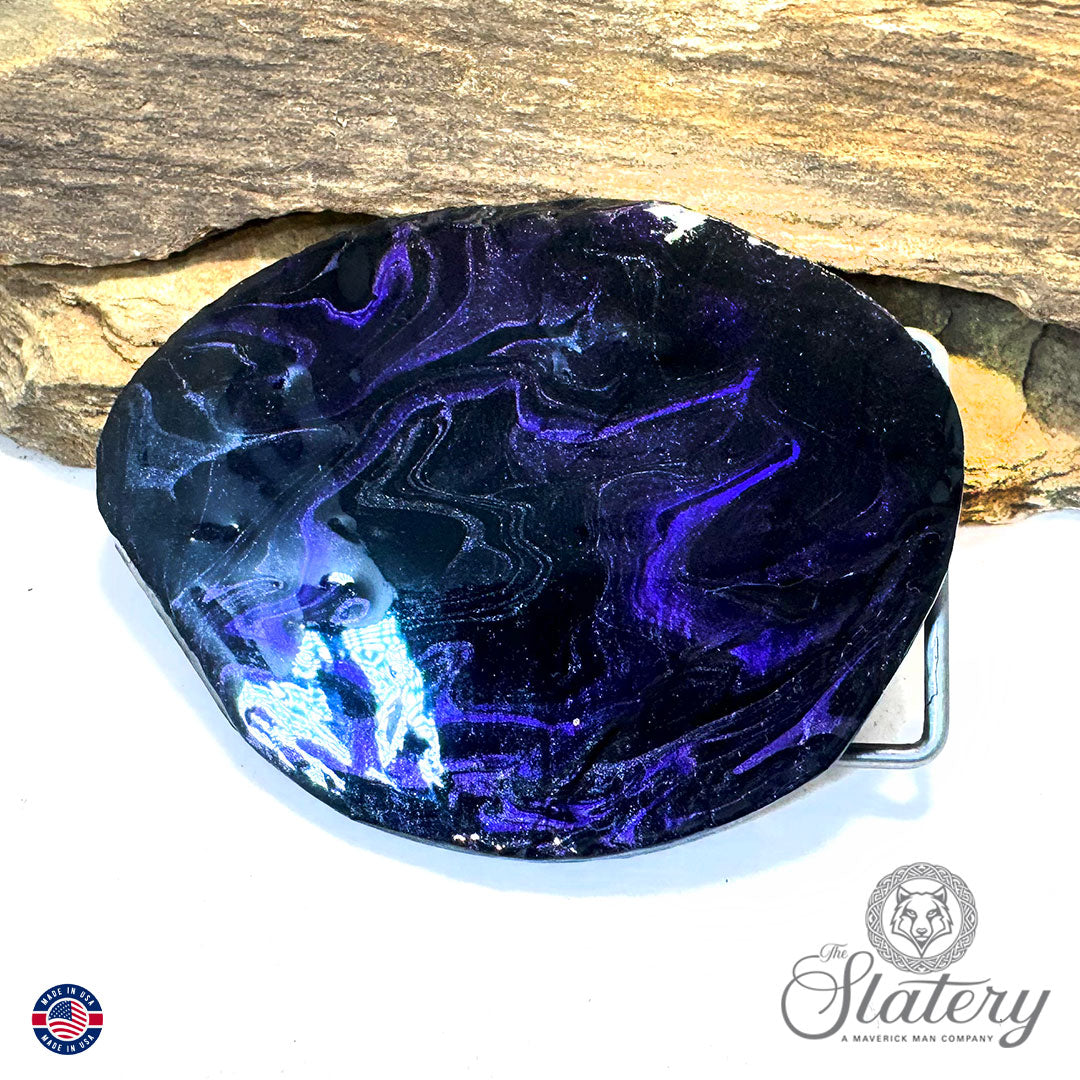 Black and purple bolo tie and buckle set made from slate