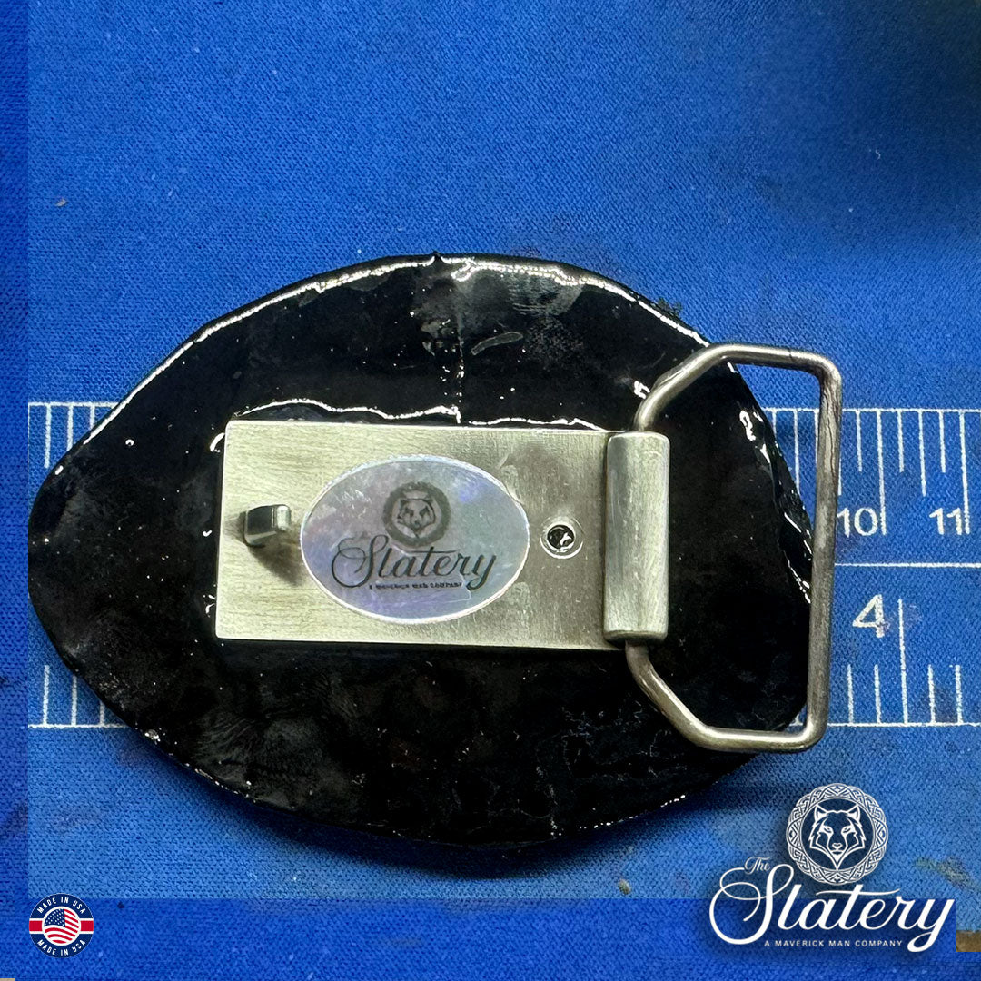 Black and purple bolo tie and buckle set made from slate
