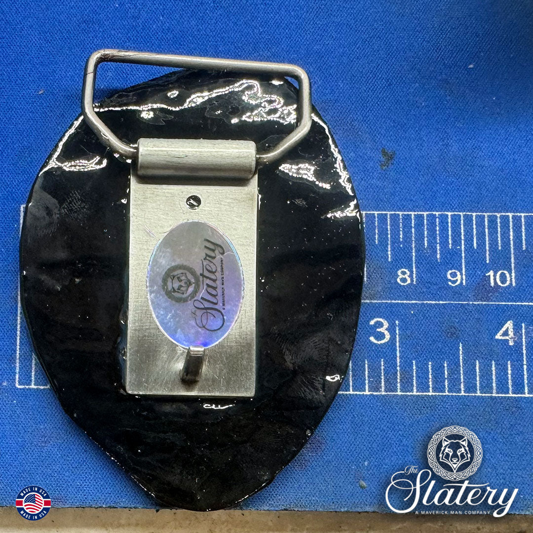 Black and purple bolo tie and buckle set made from slate