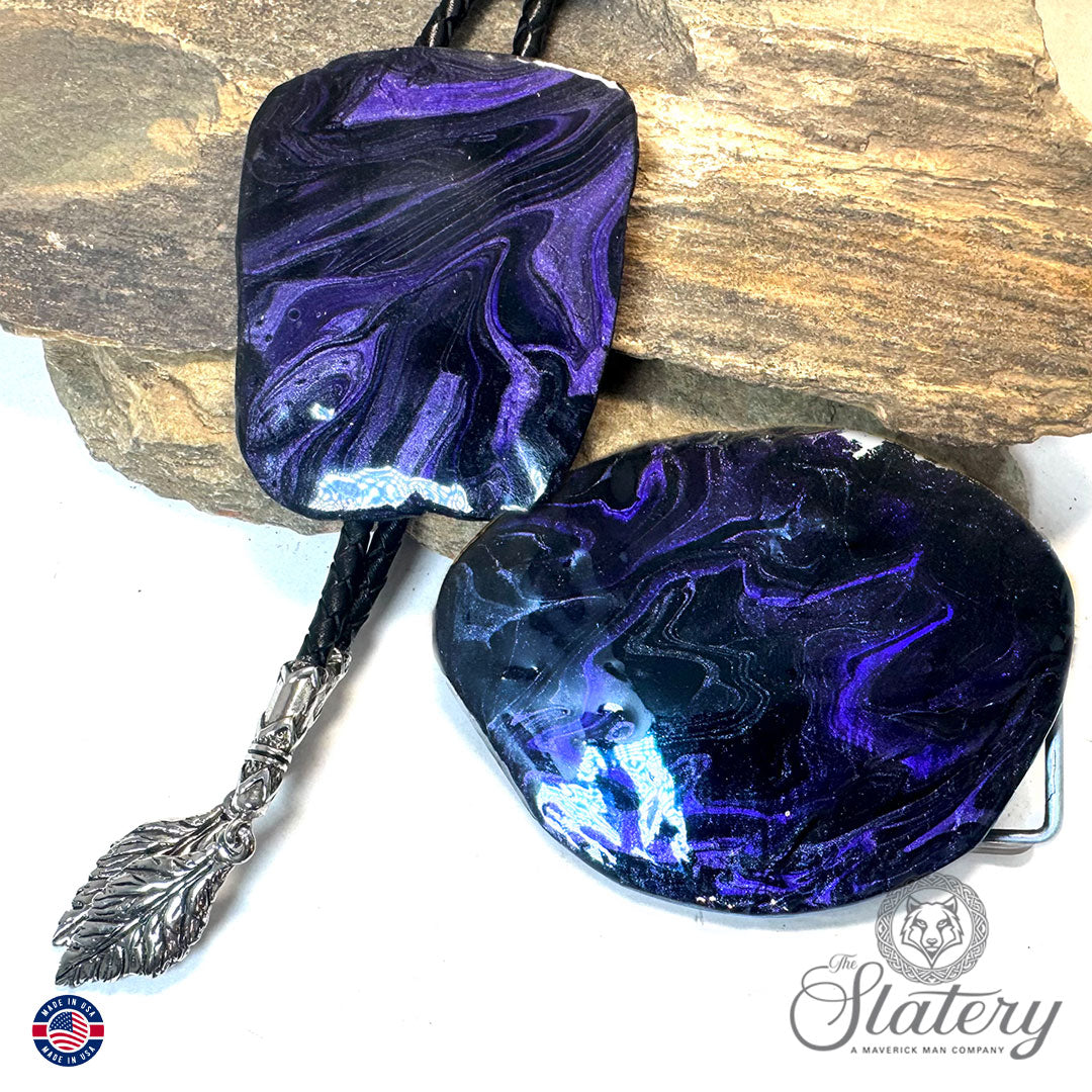 Black and purple bolo tie and buckle set made from slate