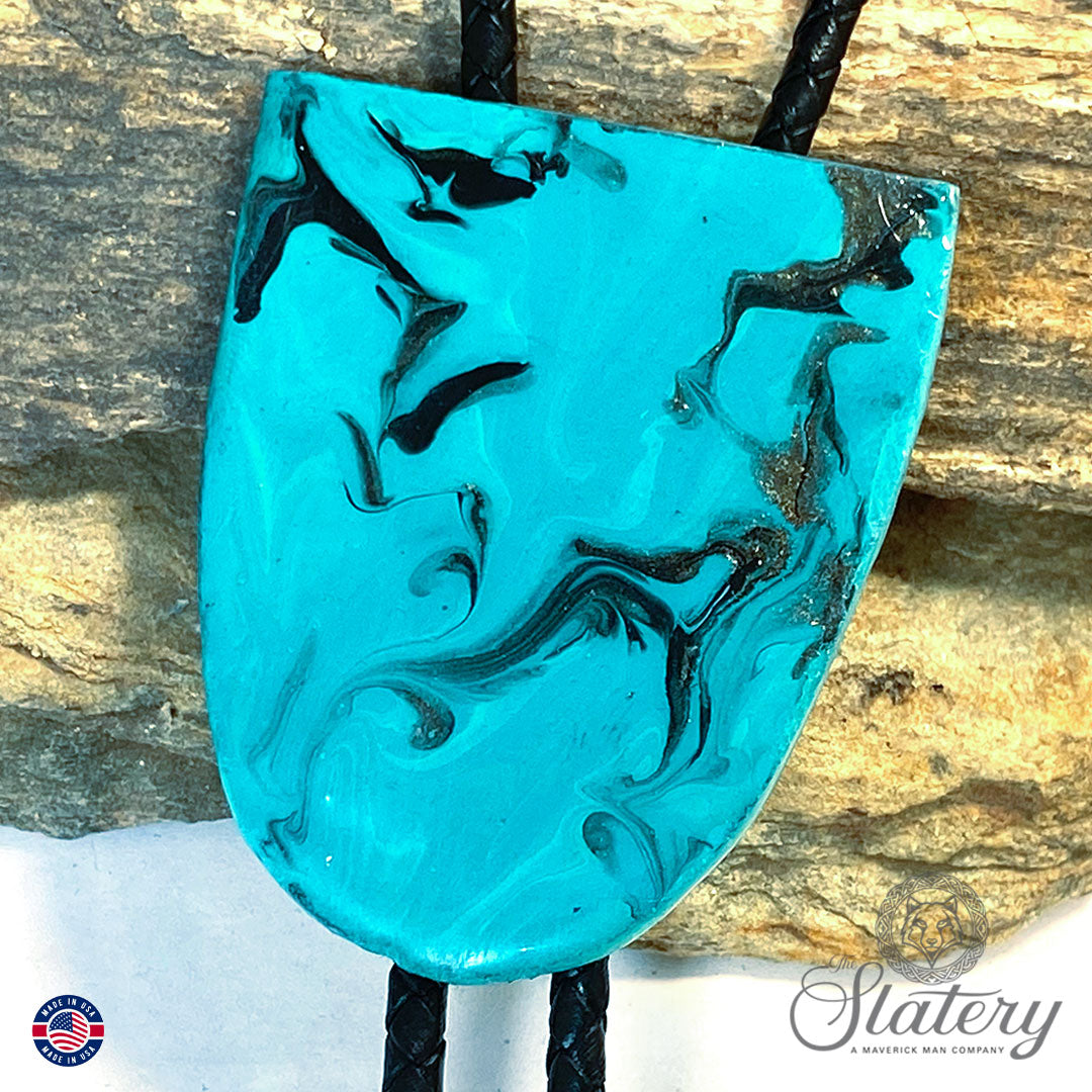 Hand painted turquoise bolo tie and buckle set made from slate