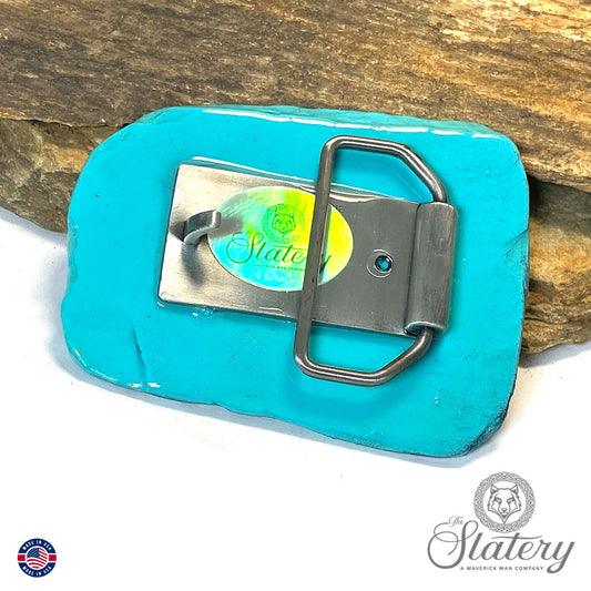 Hand painted turquoise bolo tie and buckle set made from slate
