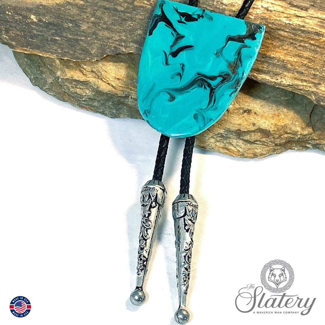 Hand painted turquoise bolo tie and buckle set made from slate