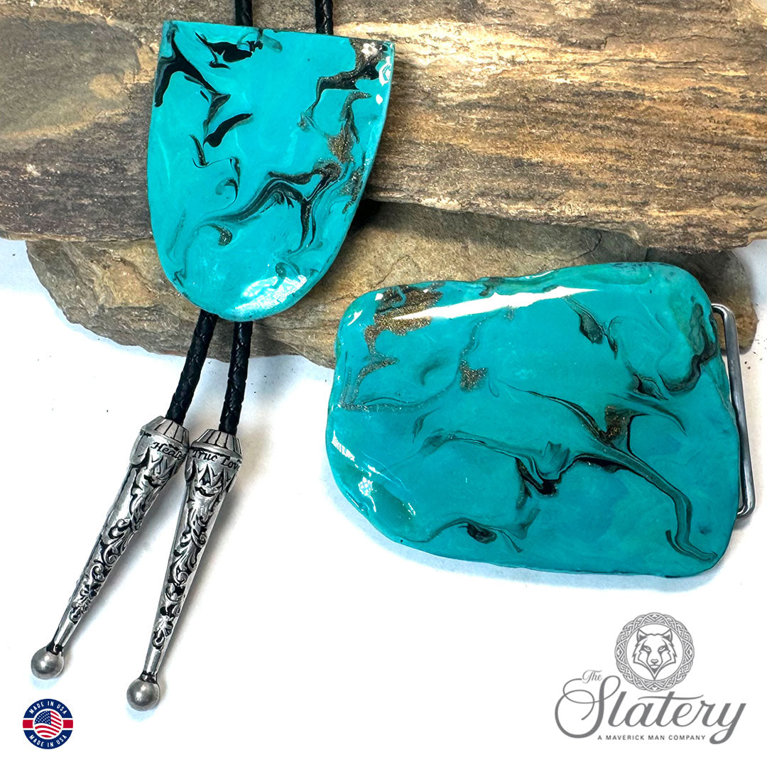 Hand painted turquoise bolo tie and buckle set made from slate