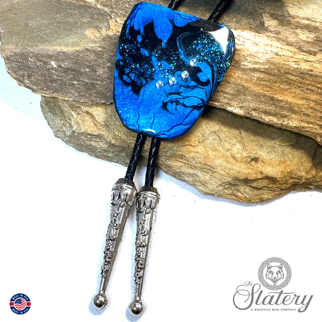 Black and blue bolo tie and buckle set made from slate