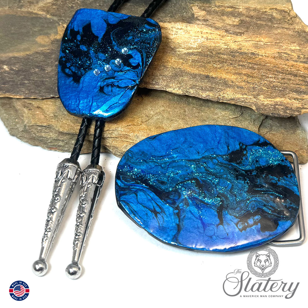 Black and blue bolo tie and buckle set made from slate