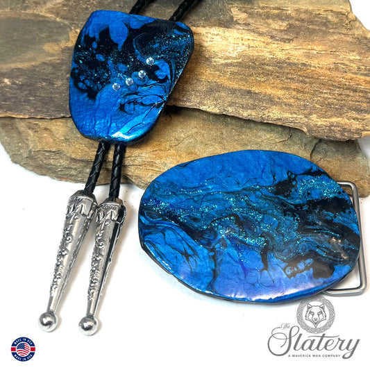 Black and blue bolo tie and buckle set made from slate