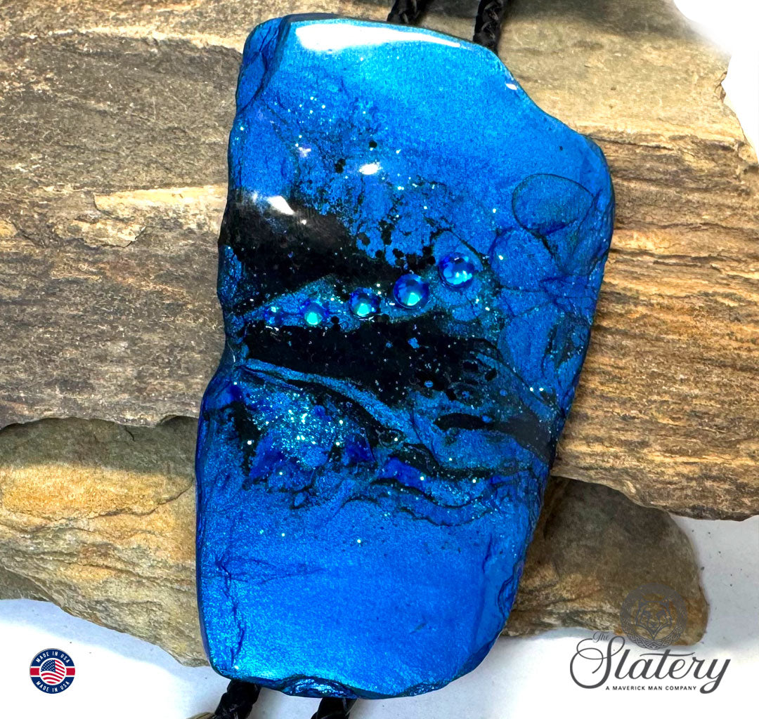 Extra Large slate bolo tie in electric blue and black with bling