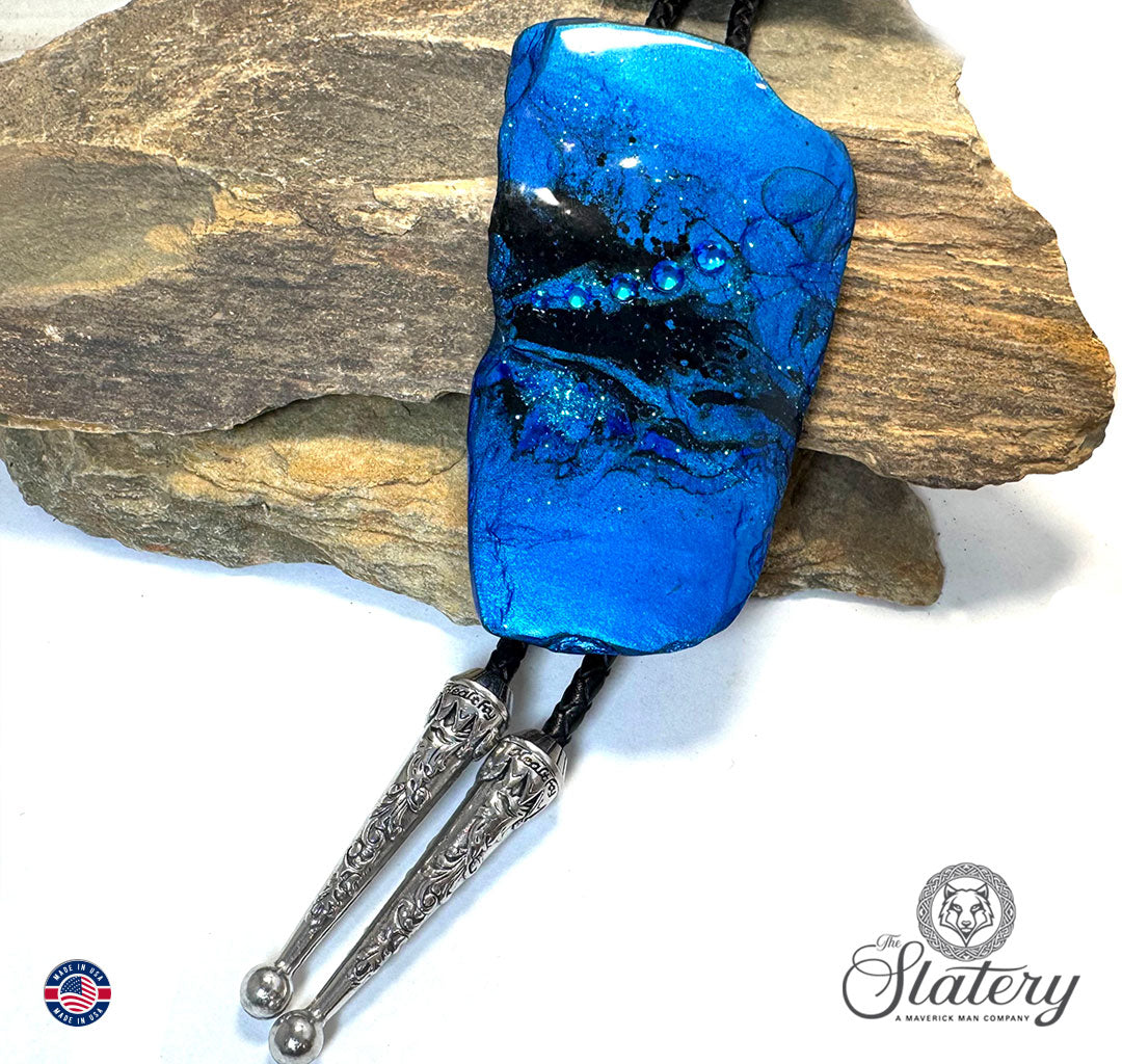 Extra Large slate bolo tie in electric blue and black with bling
