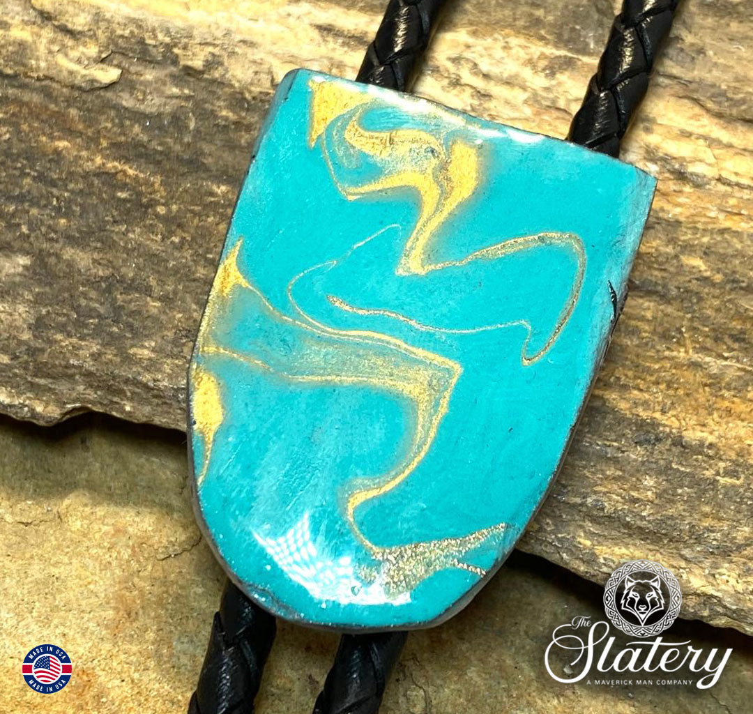 Hand painted slate bolo tie in our Shades of Turquoise and gold