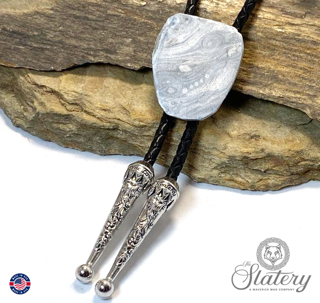 Slate bolo tie made hand painted with Silver and White