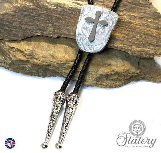 Hand painted slate bolo tie with stainless steel cross