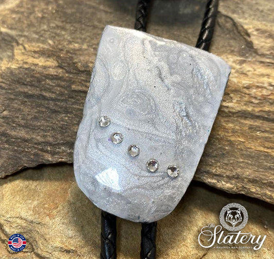 Silver and white bolo tie with Swarovski crystals