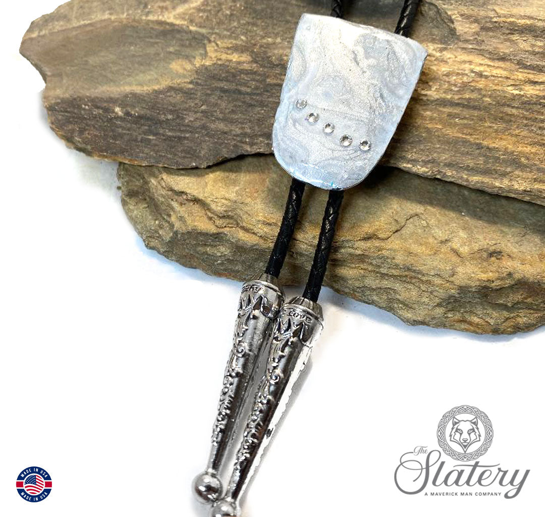 Silver and white bolo tie with Swarovski crystals