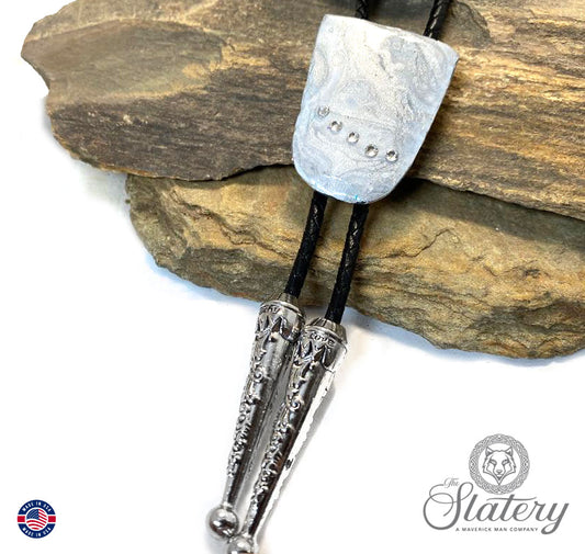Silver and white bolo tie with Swarovski crystals