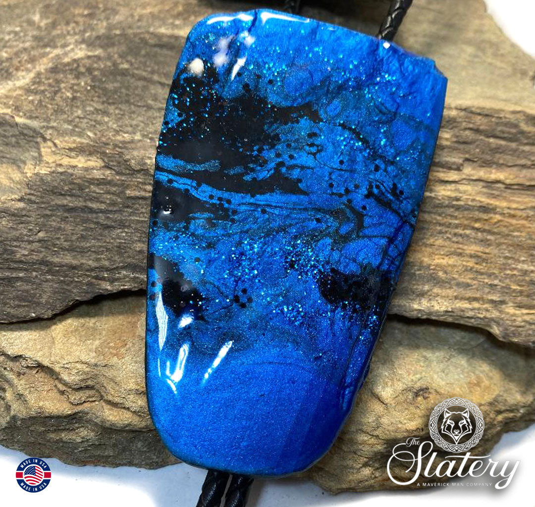 Extra Large slate bolo tie in electric blue and black with glitter